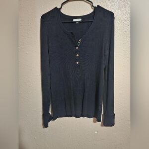 Women's Black Ribbed Henley Top Size L